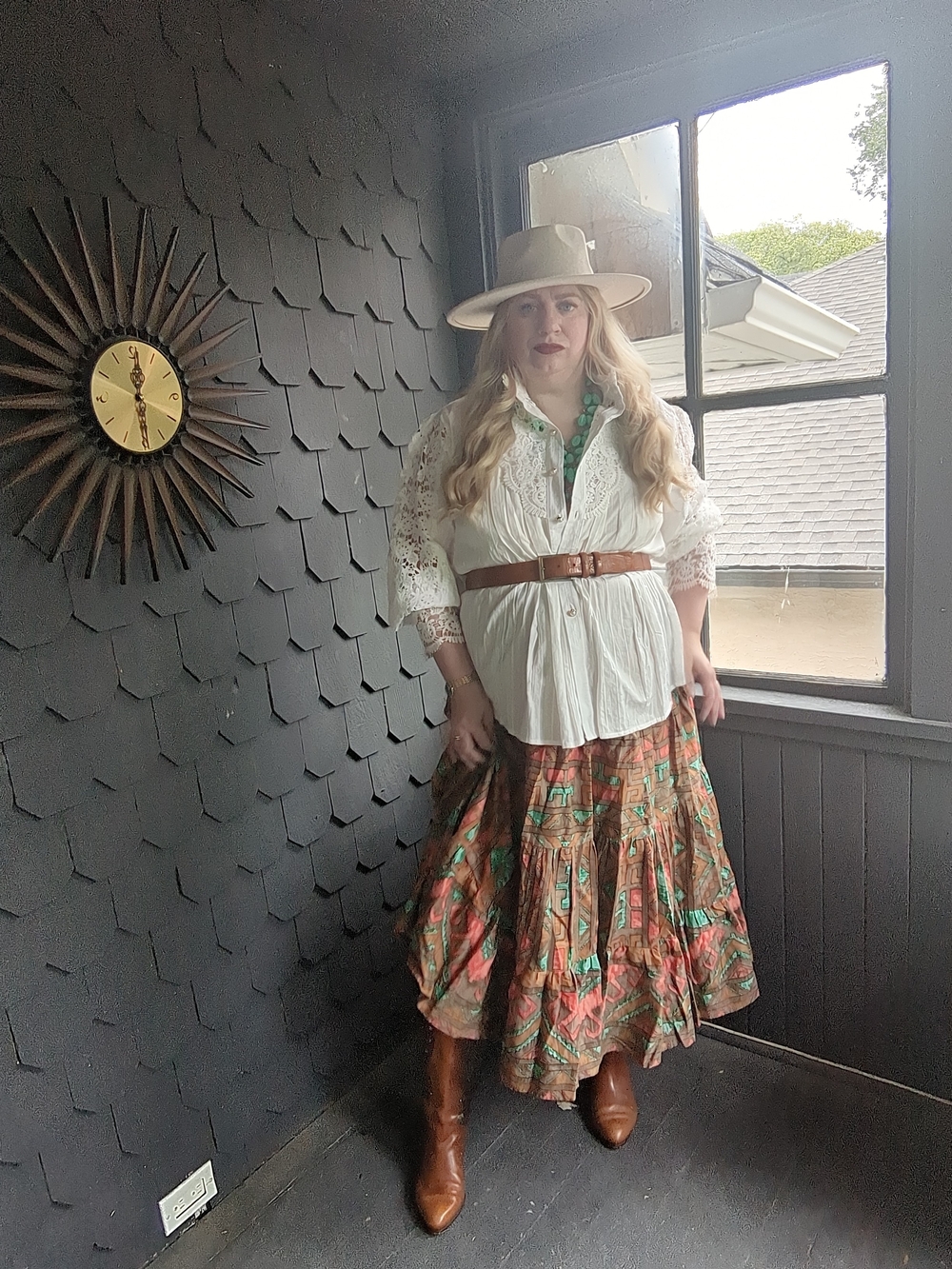 Boho Tiered Midi Skirt in Brown and Green